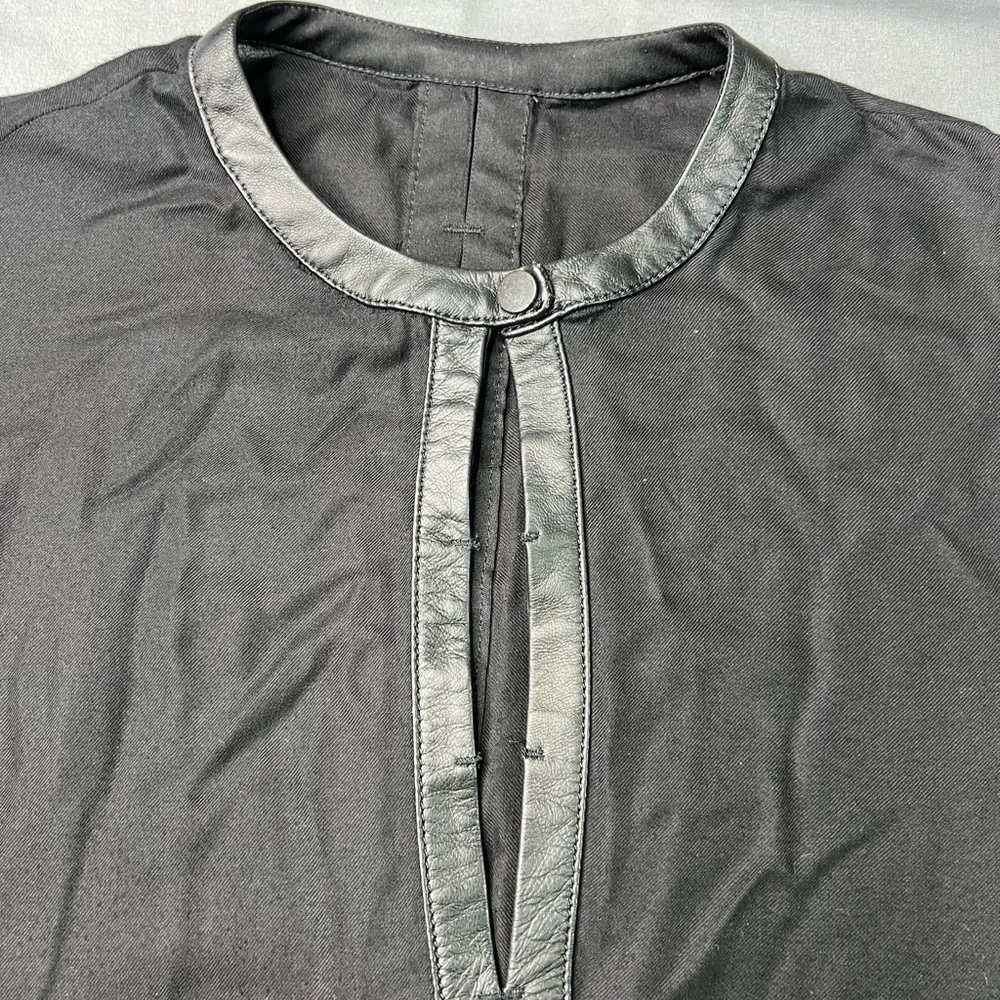 Black Viscose Women’s Blouse w/ Lamb Leather Trim | Modern Minimalist